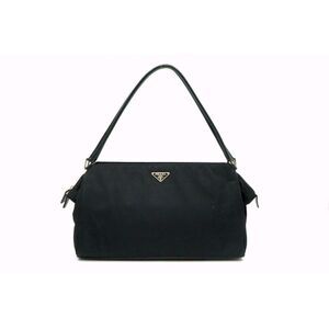 Prada Hobo Handbag Tote Bag Triangle Plate Leather Handle Tessuto Black